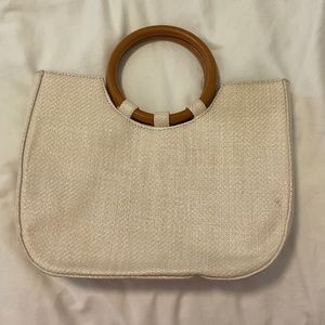 White Raffia and Wood Handle Cross Body Bag